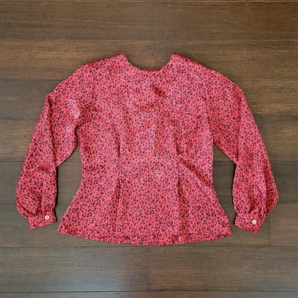 Vtg 80s Nicole Blake Petites Peplum Button Back Silky Blouse Red & Black Size 6P - Picture 1 of 10